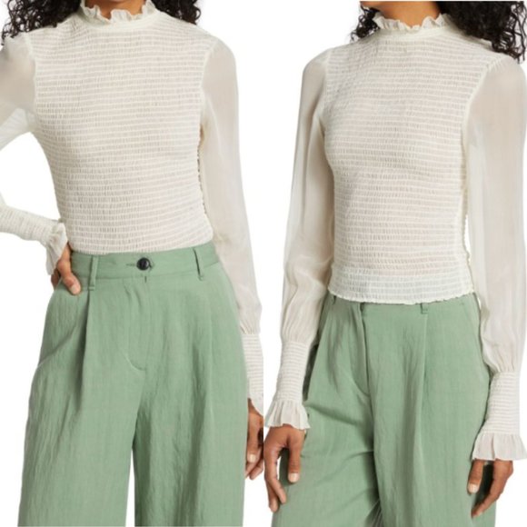NWT Rag & Bone Kayden Sheer Smocked Ruffle Blouse Sz L in Light Dove - Picture 1 of 9